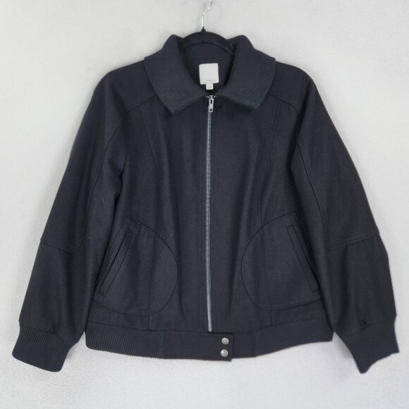 Halogen Jacket Womens Large Black Wool Blend Full Zip Bomber Classic Casual - Picture 1 of 12